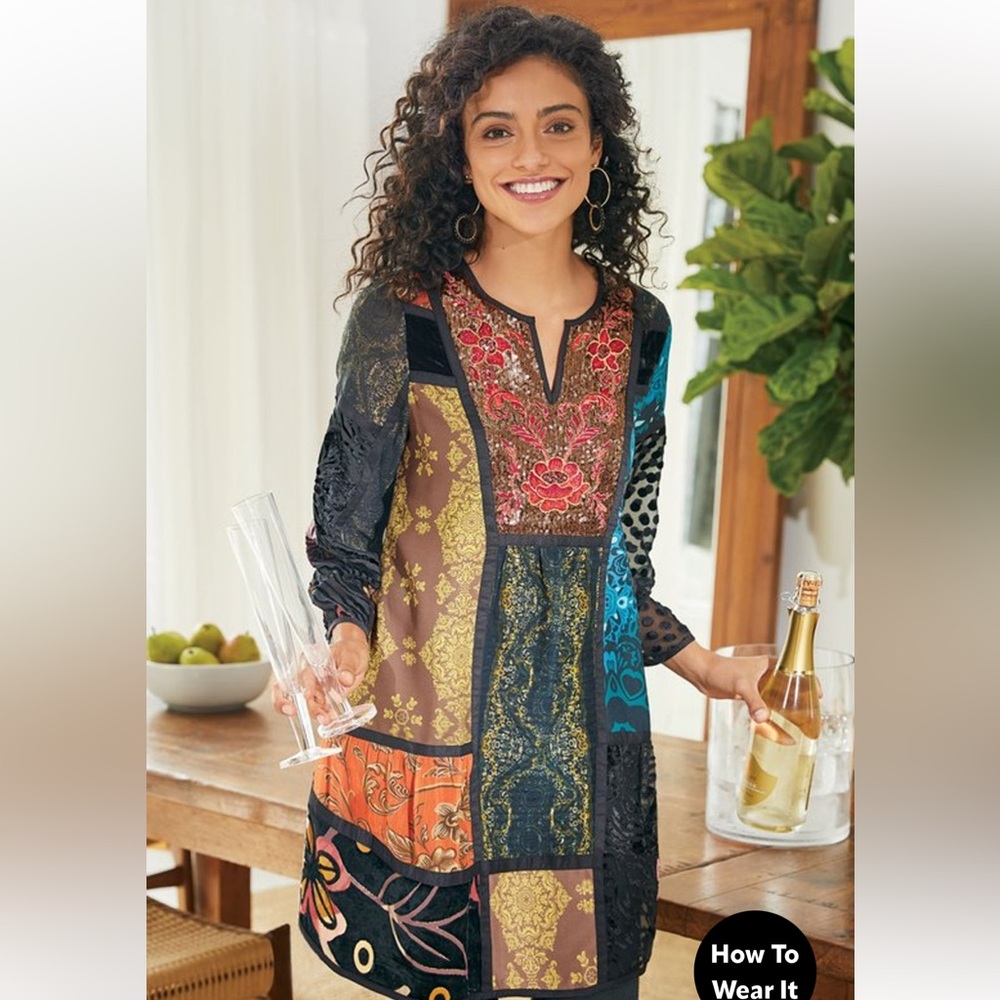 Soft Surroundings Adassa Tunic Patchwork Print Embroidered Sequins Size Medium